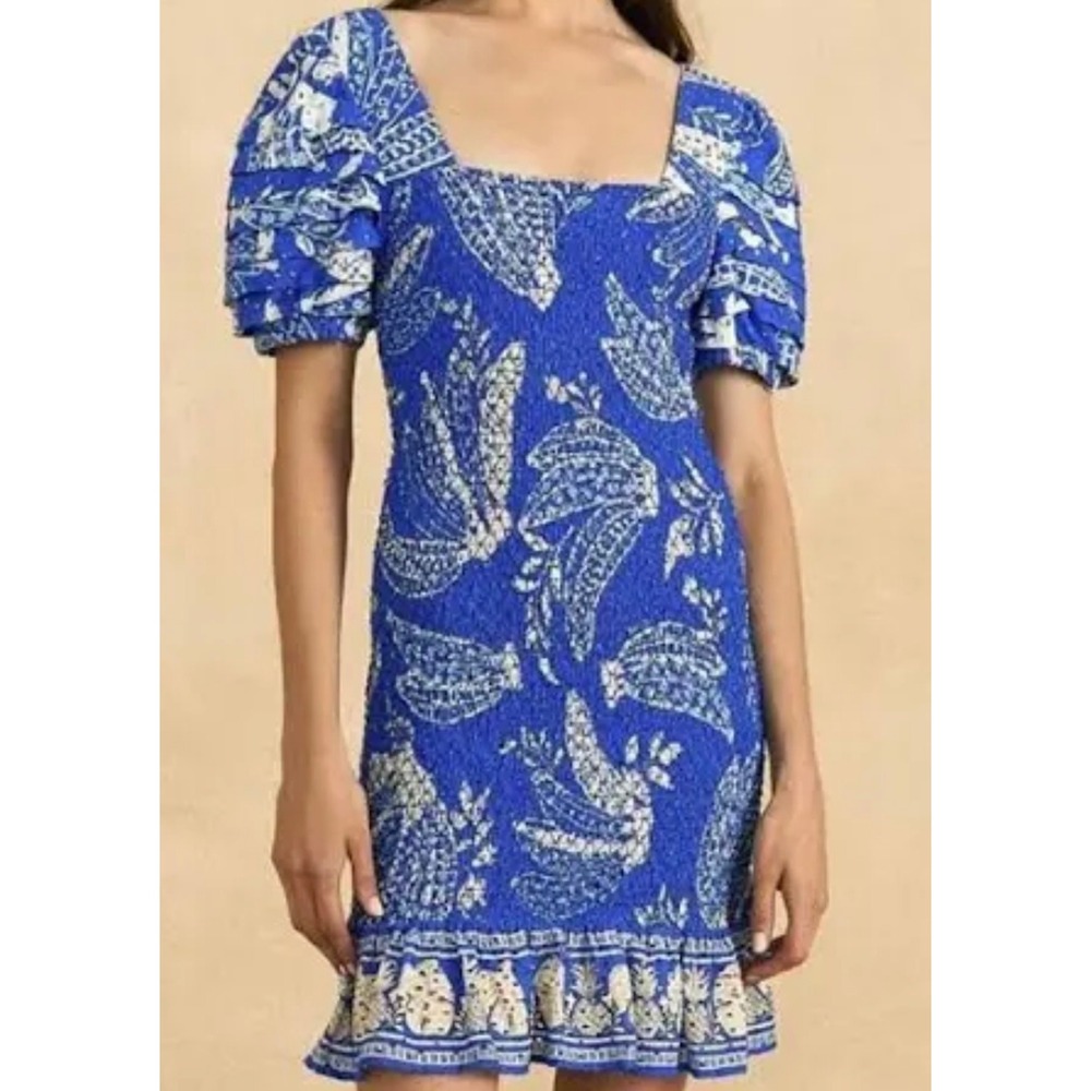 FARM Rio Blue Bananas Smocked Mini Dress Ruffle Eyelet Sleeve Blue White Large